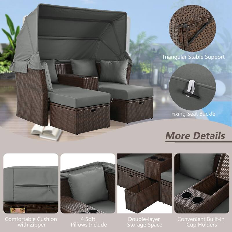 Convertible Outdoor Patio Daybed Loveseat Sofa Set with Retractable Canopy and Central Console