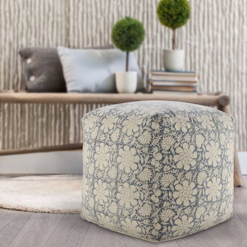 20" Navy Blue and White Floral Handmade Square Pouf Ottoman