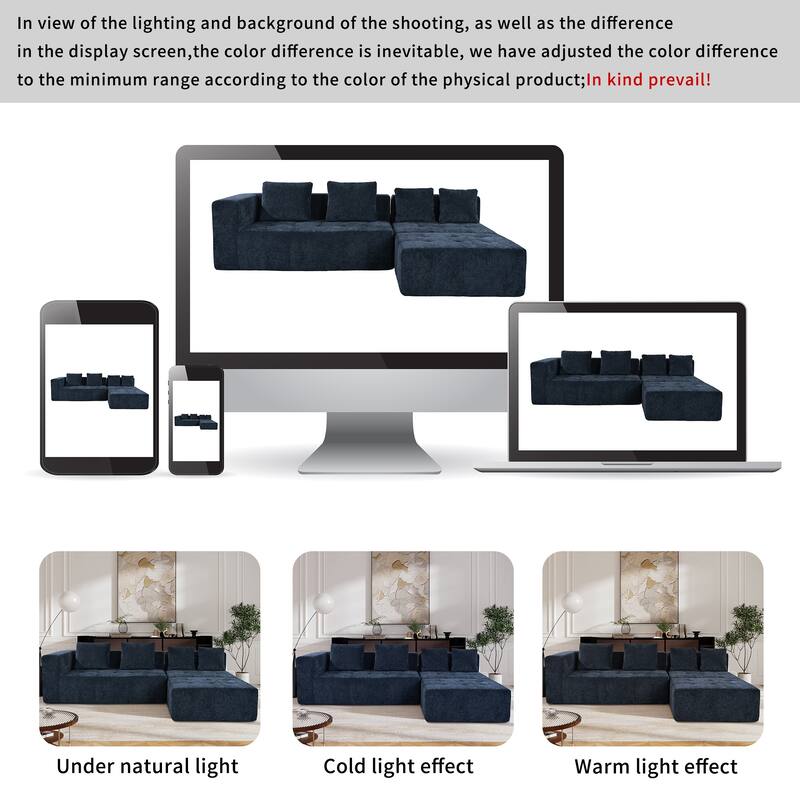 110" Polyester Modular Sectional Sofa (3-Piece) with 4 Pillows and Tufted Seat Design