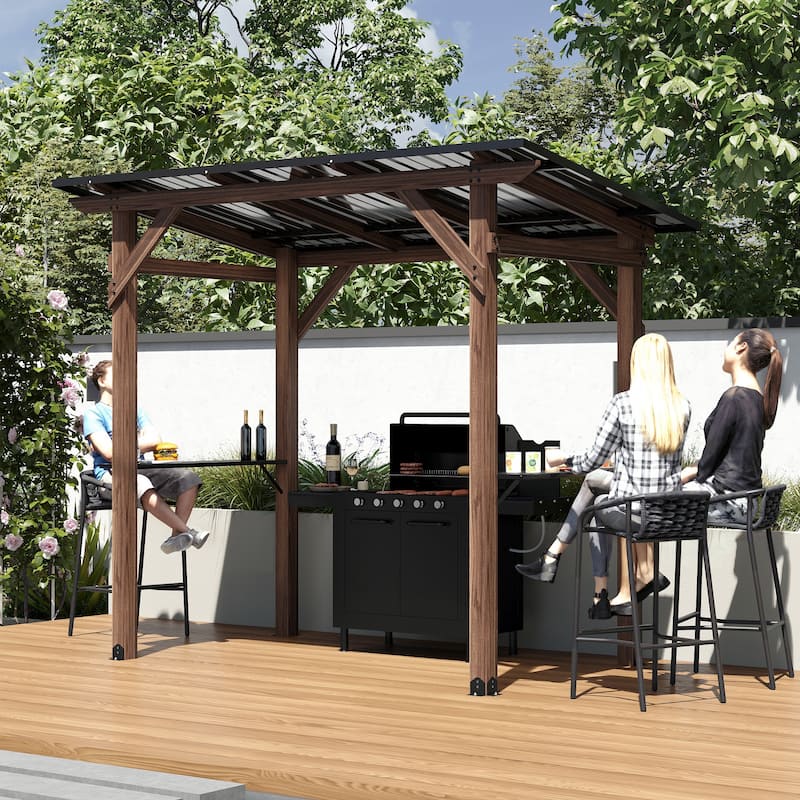 Outdoor Cedar Wood BBQ Grill Gazebo with Steel Hardtop Roof and Dual Side Bar Shelves