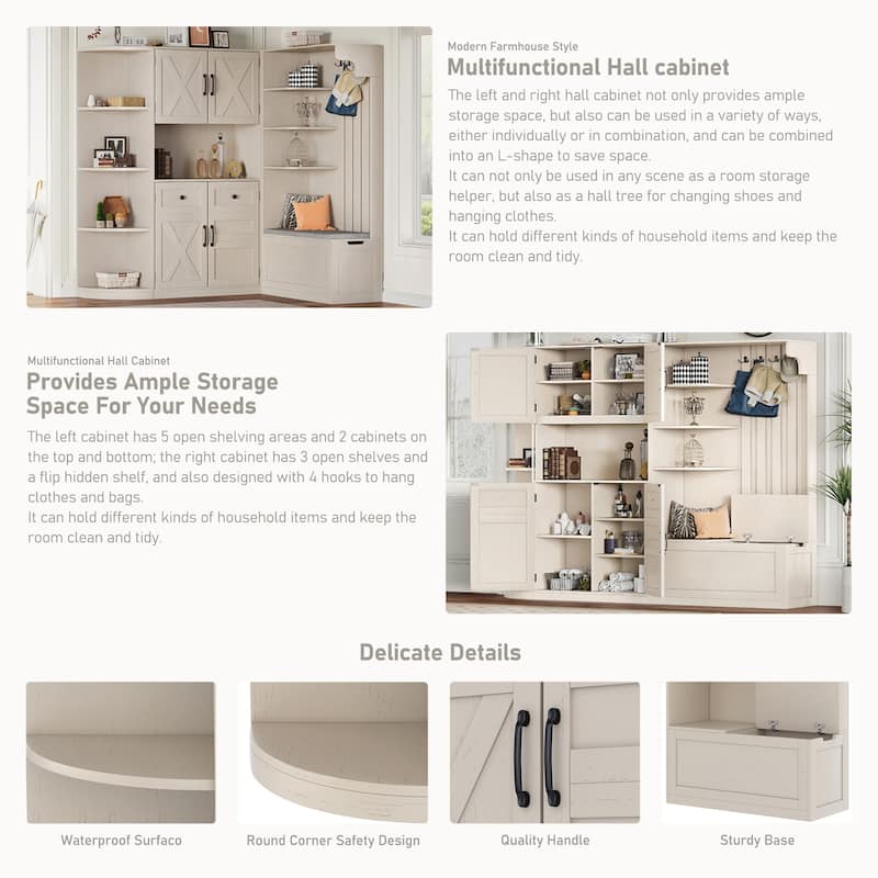 GDFStudio - Jill Versatile Left-Right Combination Hall Cabinet with 4 Hooks and Hall Tree 2-in-1