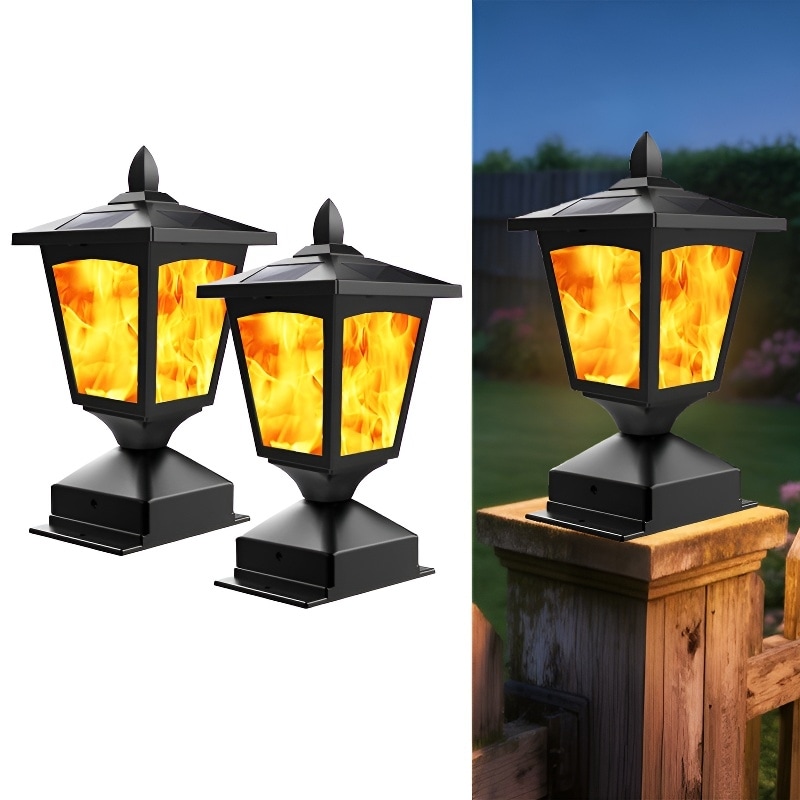 2 Pack Solar Post Cap Lights for 4x4 Fence Flickering Flame LED Waterproof - Black