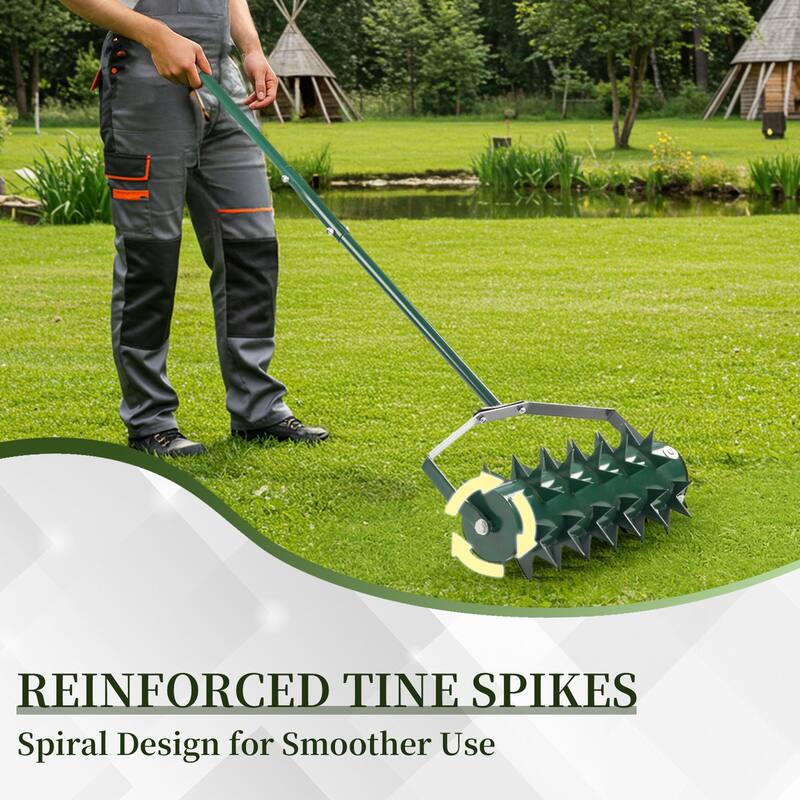 Green Lawn Aerator with Heavy-Duty Galvanized Steel Drum and Double Spikes and Rubber Handle - (17.3 x 6.7 x 59.8) in