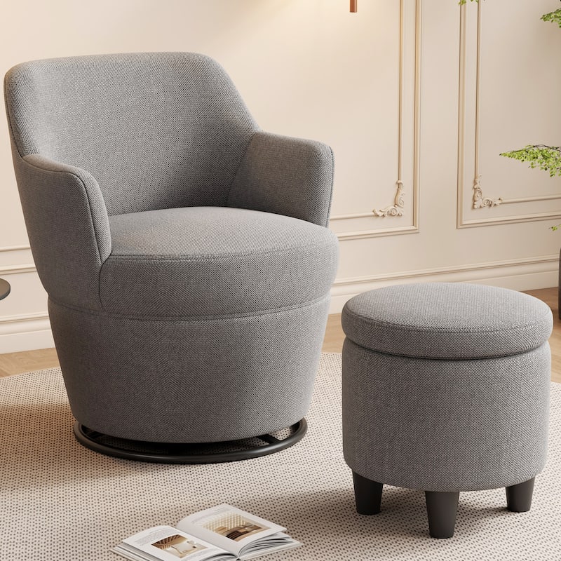 Swivel Accent Chair with Storage Ottoman, Modern Lounge Sofa Chair Barrel Chair Arm Chair with Nail Trim