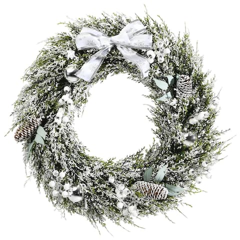 Costway 24''Snowy Artificial Christmas PE Wreath w/ Pine Cones & White - Green - See details
