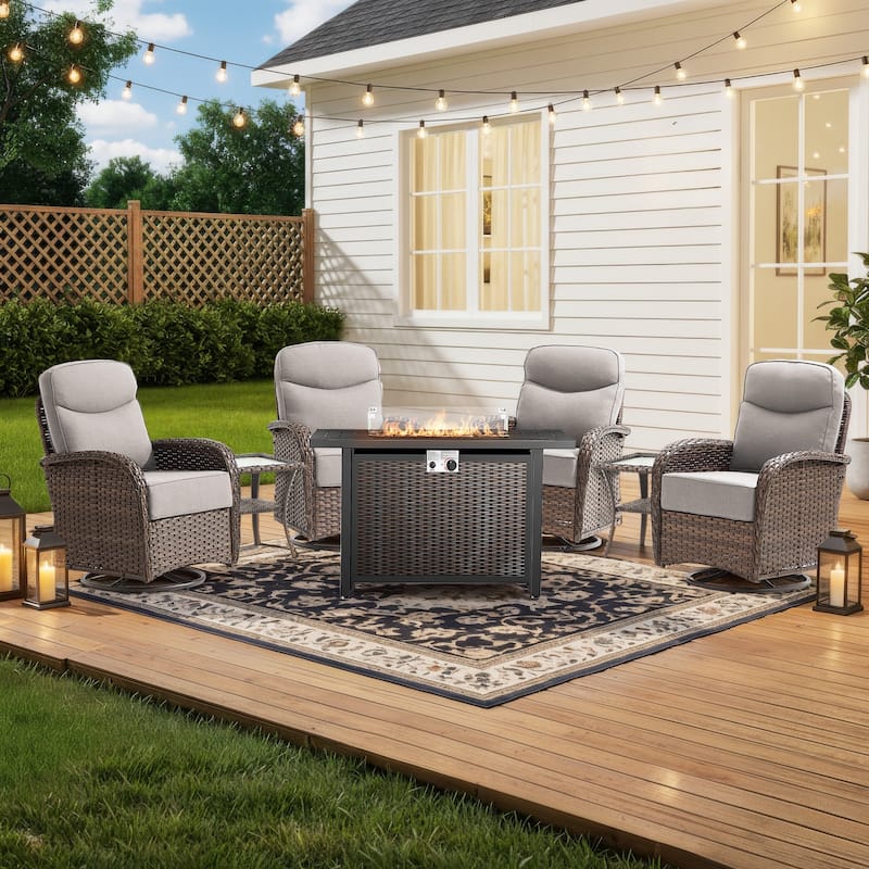Pocassy Outdoor Sofa Swivel Chair and Ottman with Fire Pit Table - Brown Wicker Beige Cushion - 7PCS Swivel Chiar w/ Rectangle Fire Table
