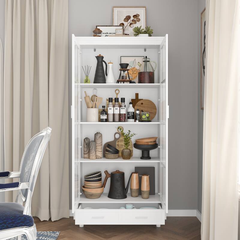 White Bookcase with Glass Doors Display Cabinet Bookshelf Organizer - 70.9"Hx36.2"W