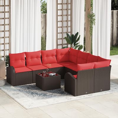 vidaXL 9 Garden Sofa Set with Cushions Black/Brown/Grey Poly Rattan - 92.1 x 92.1 x 27.2