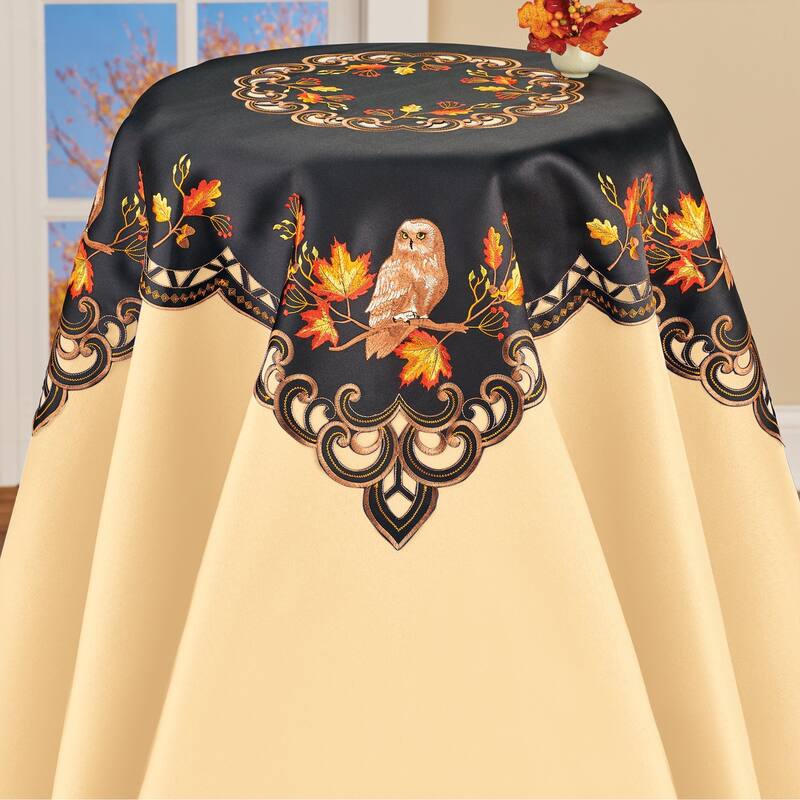 Embroidered Owl on Branches Fall Table Linens - Square