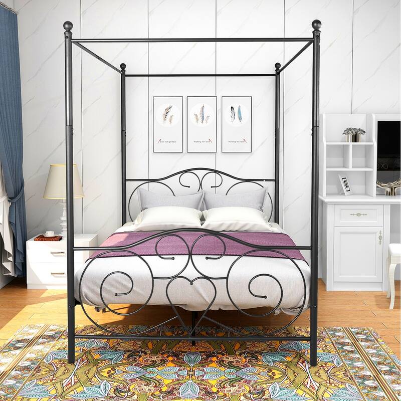 Canopy Metal Bed Frame with Vintage Style Headboard & Footboard ，Easy DIY Assembly All Parts Included