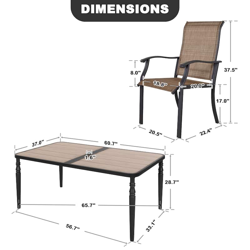 Patio Textilene Dining Set of 7 with Umbrella Hole, Wood-Grain Tableto