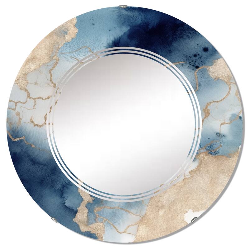 Designart "Blue and Gold Marble Clouds VIII" Fractals Modern Wall Mirror