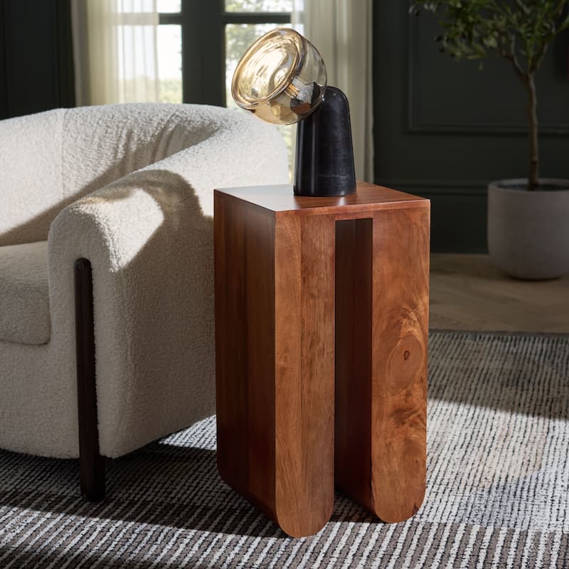 SAFAVIEH Home Catina Glass Accent Table - 12"W x 12"D x 24"H - Walnut