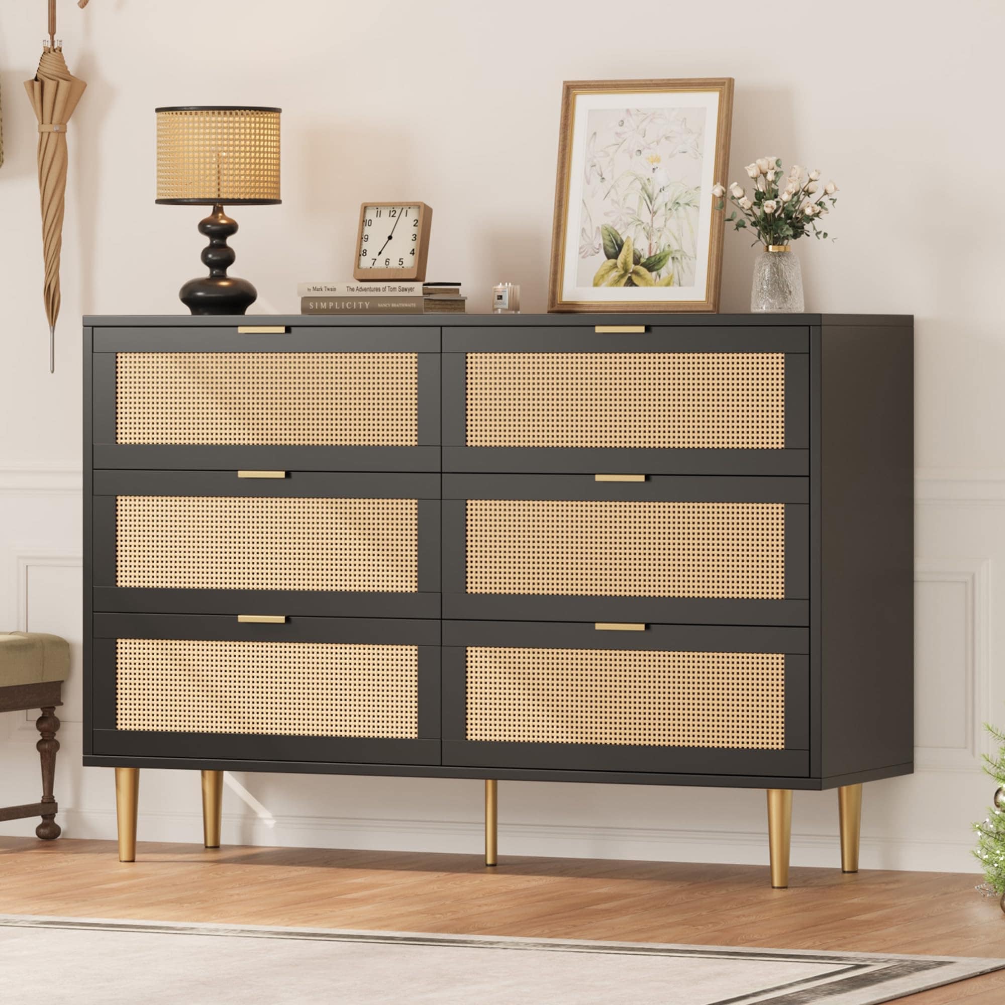 Rattan 6 Drawer Dresser, Modern Wide Double Dresser with Gold Legs & Handles, Large Tabletop Chest of Drawers