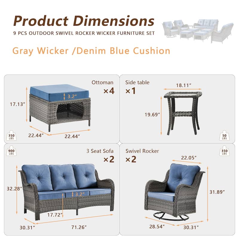 Outdoor Conversation Set - 9 Pieces Patio Furniture Set with Cushion