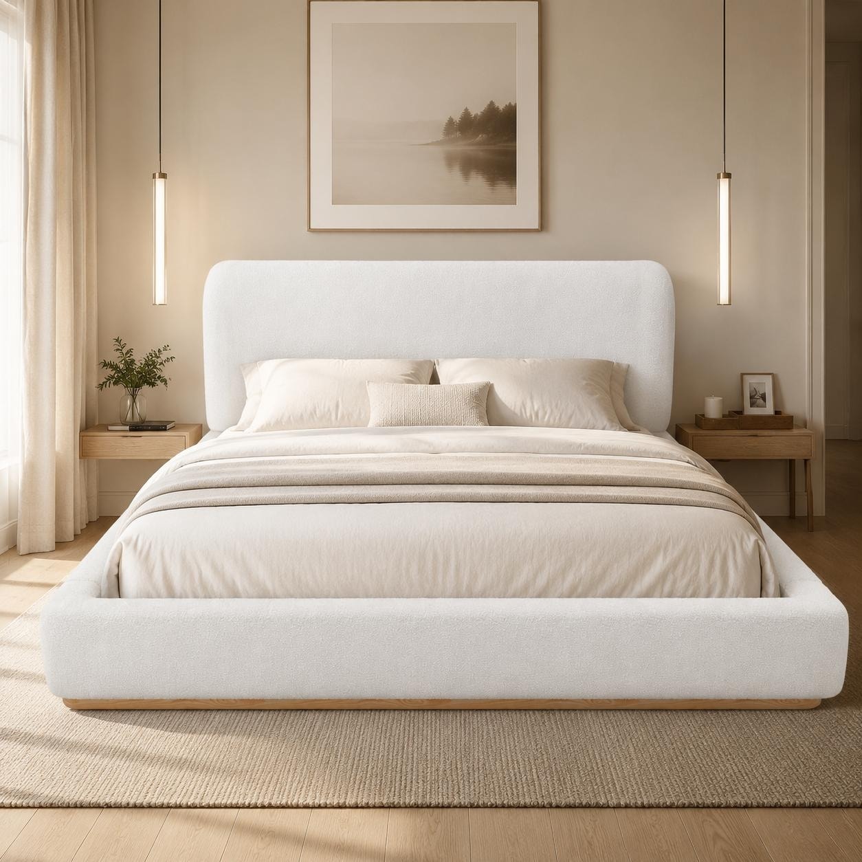 Sleek Curved Boucle Low-Profile Platform Bed by Harper&Bright Designs