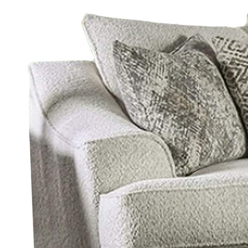 Syma Sofa, Ivory Boucle, 4 Throw Pillows, Sloped Track Arms, 102 Inch