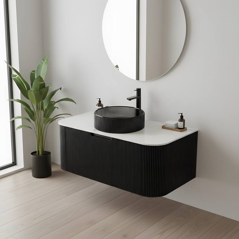 Wall Mounted Bathroom Vanity with Transparent Black Round Glass Basin