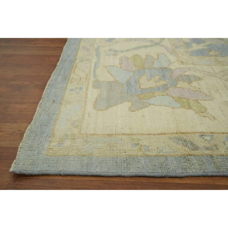 Vegetable Dye Blue Oushak Turkish Area Rug, Floral Geometric Carpet - 11' 10'' X 9' 0''