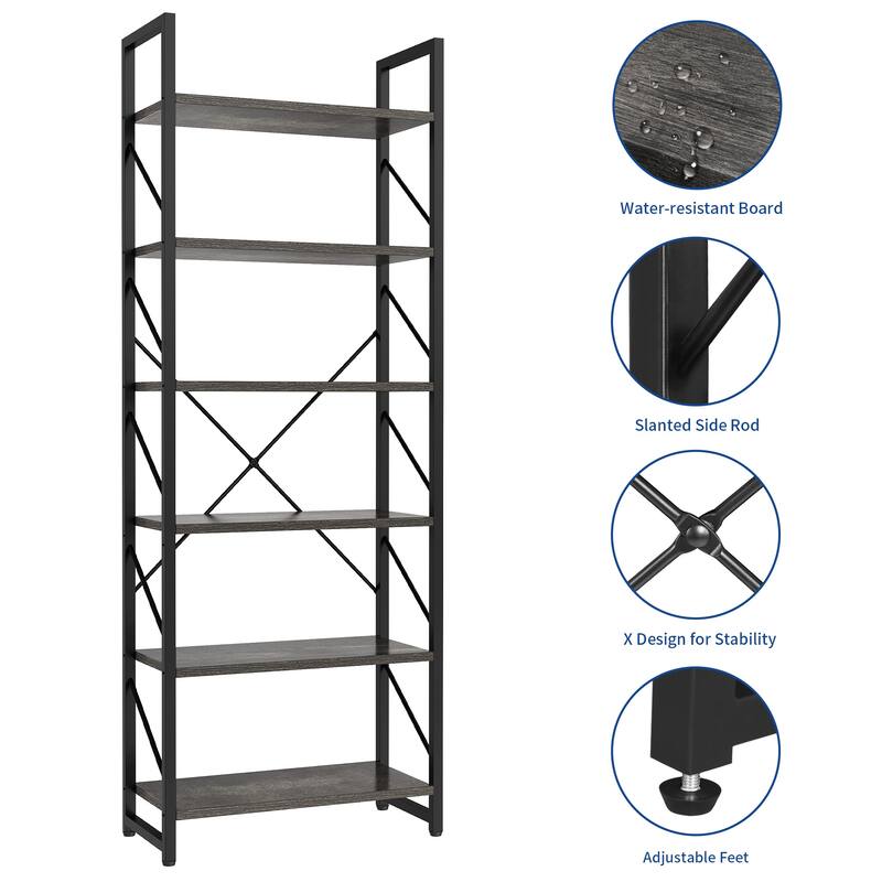 Moasis 6-Tier Bookshelf Open Storage Display Rack Industrial Bookcase