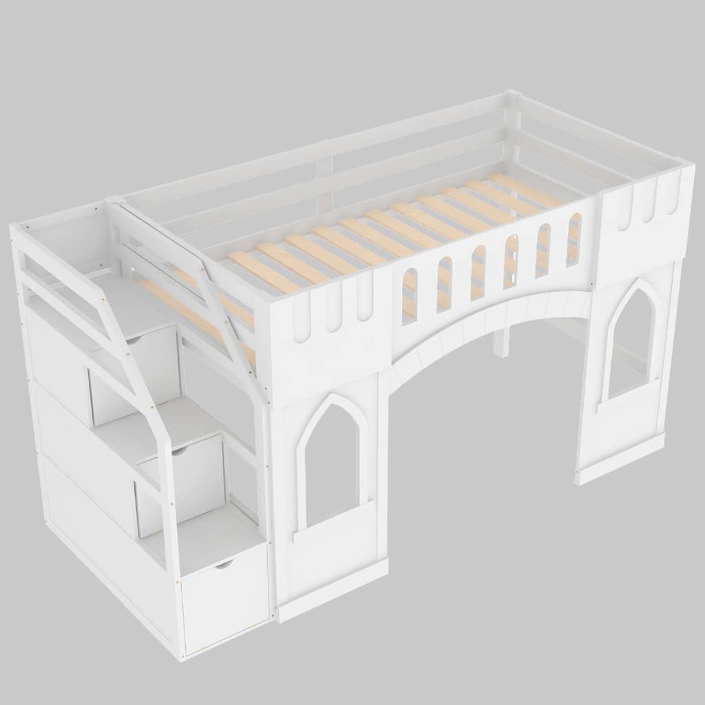 Space-Saving Twin Loft Bed with Storage Stairs, Windows & Full-Length Guardrails