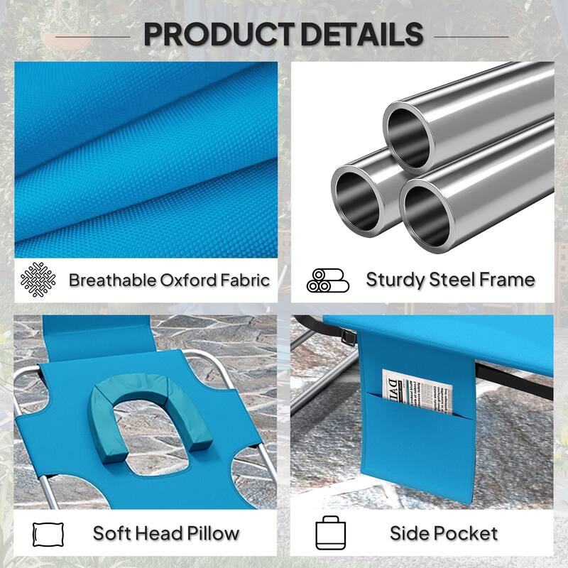 Outsunny Folding Beach Lounge Chair with Face Hole and Arm Slots, 5-level Adjustable Sun Lounger Tanning Chair with Pillow