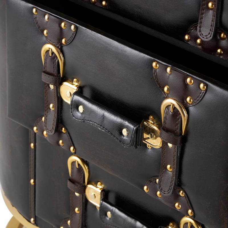 Wooden 6 Drawer Chest with Straps and Rivets - Dark Brown - Roche River Decor - 17"W x 48"L x 30"H