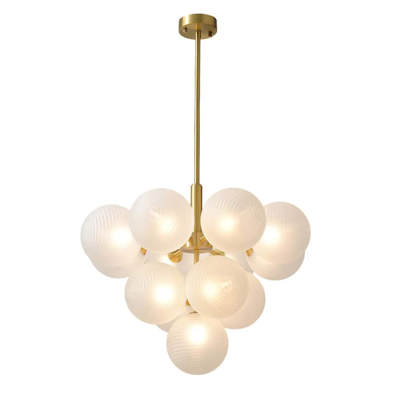 Modern Mid-century Brass Frosted Ribbed Glass Glass Bubble Chandelier - 13 Lights/Brass