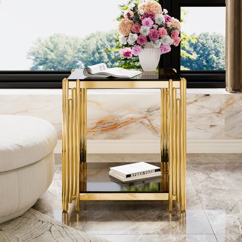 19.9" Modern Transparent Glass End Table for Living Room, Square,Asymmetrical Metal, Gold Finish & Lower Shelf