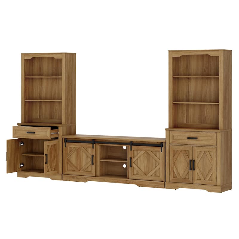 Modern Farmhouse TV Stand with Bookcase for 65" 75" TV with Barn Door for Living Room, Bedroom & Home Office