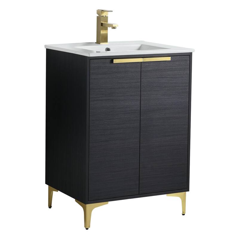Fine Fixtures Wilmington Bathroom Vanity with White Ceramic Sink. - 24 Inch - Chestnut  - Satin Brass Hardware