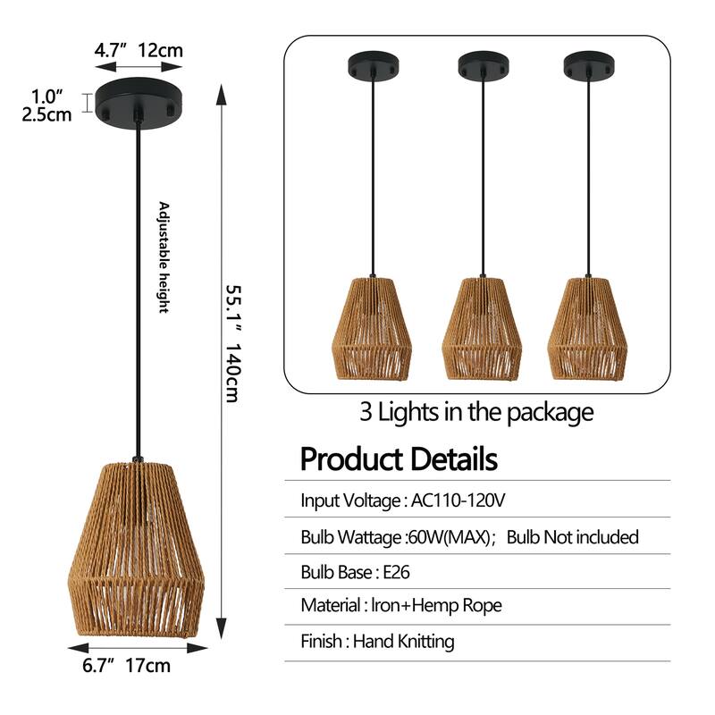 7" Handwoven Hemp Rope Pendant Light - Adjustable 3-Light Chandelier
