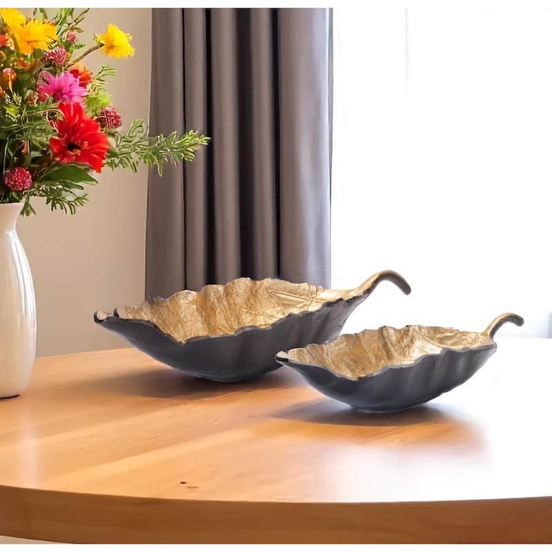 HomeRoots Set of Two 25" Black And Gold Cast Aluminum Rustic Leaf Centerpiece Bowls - 24.6 in. x 5.55 in. x 8.75 in. - Gold/Black - 24.6 in. x 5.55 in.  x 8.75 in. - 2 Piece