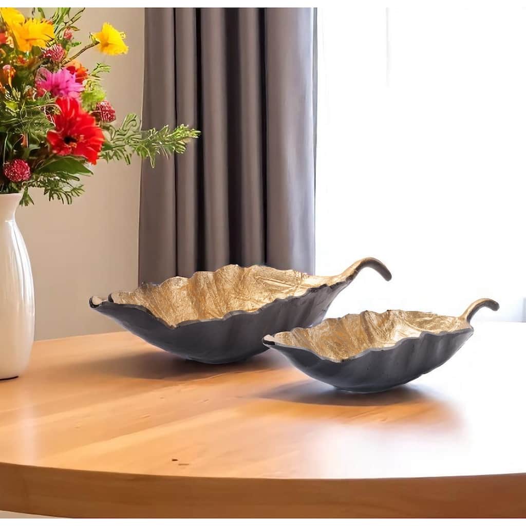 HomeRoots Set of Two 25" Black And Gold Cast Aluminum Rustic Leaf Centerpiece Bowls - 24.6 in. x 5.55 in. x 8.75 in.