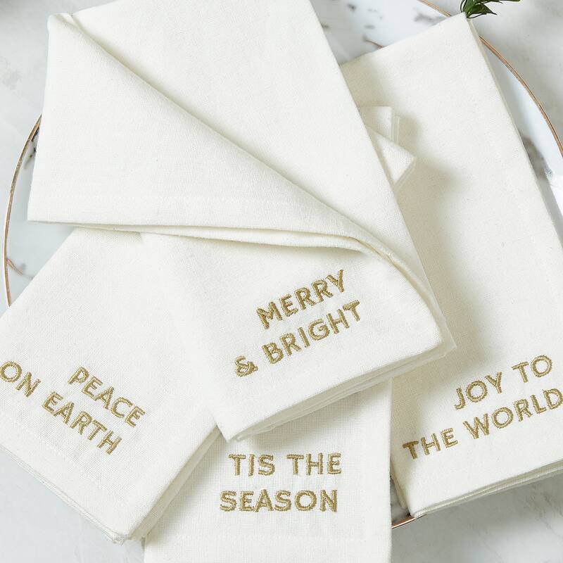 Joyful Sentiment Christmas/Holiday Embroidered Napkins, Set of 4 - 17x17