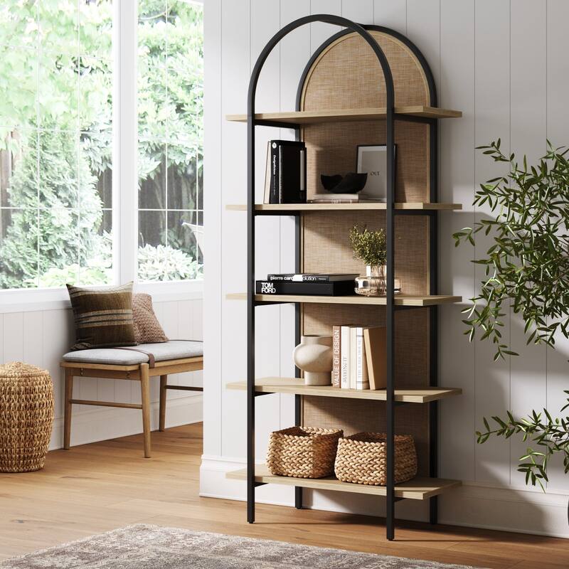 Amara Bohemian 5-Shelf Etagere Bookcase, Rattan Open Bookshelf with Arch Top