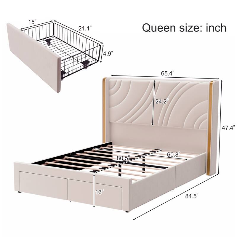 Modern Velvet LED Bed Frame with Storage Drawers and RGB Lighting