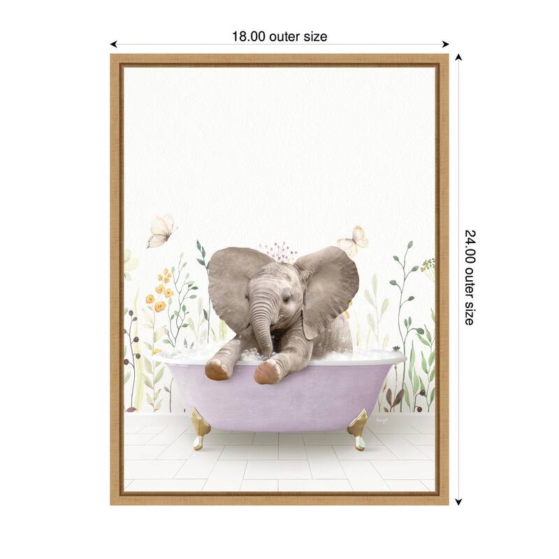 Kate and Laurel Sylvie Baby Elephant 6 in Spring Bathtub Framed Canvas by Amy Peterson