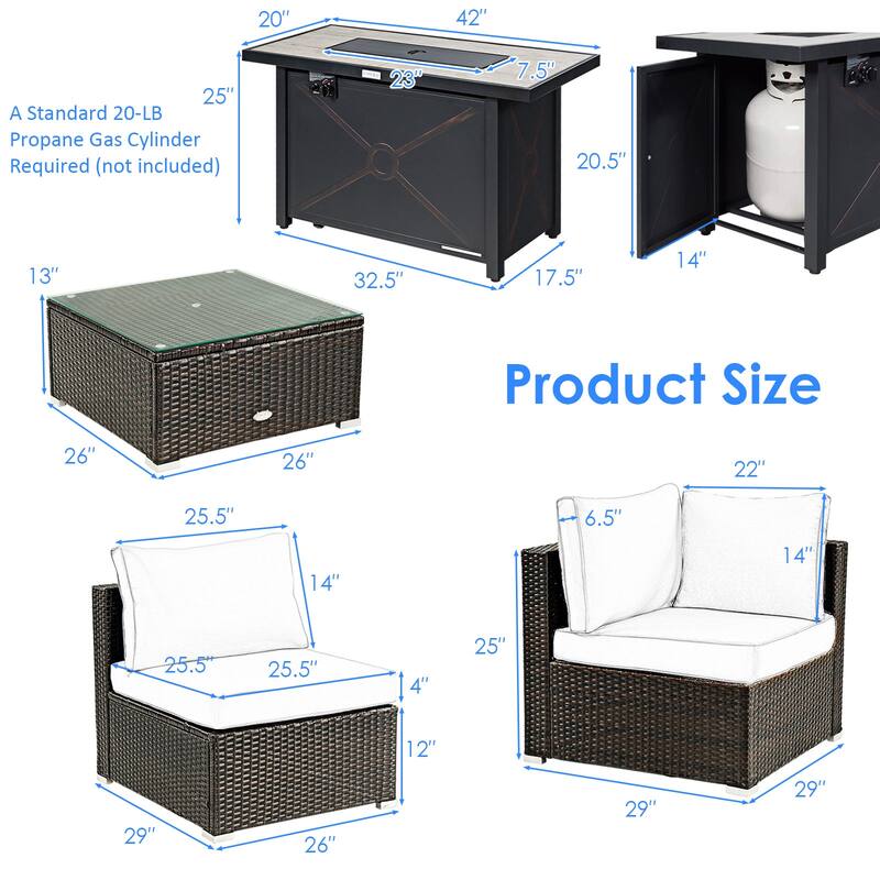 Costway 6PCS Patio Furniture Set Rattan Cushioned Sofa Gas Fire Pit - See Details