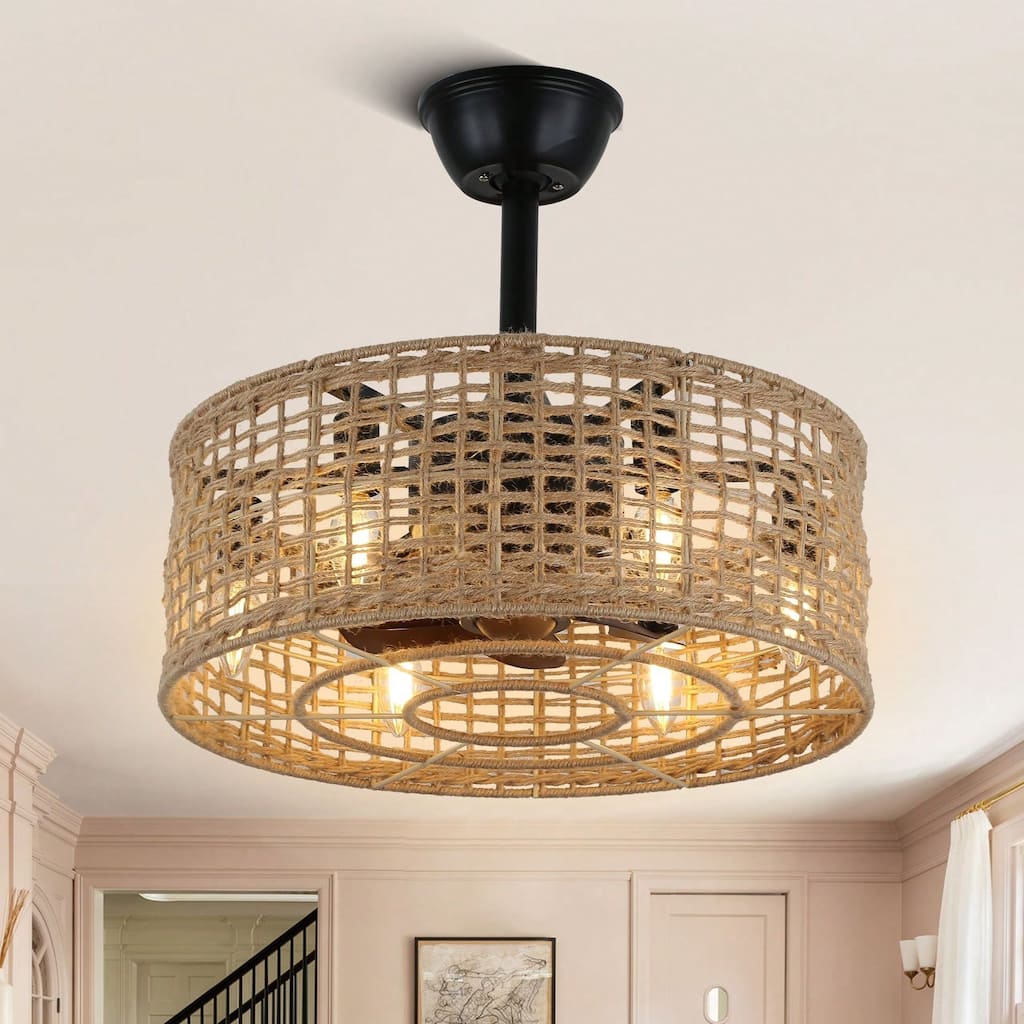 Cusp Barn 18" Farmhouse Caged Ceiling Fan with Light and Remote, Boho Rattan 3 Speeds Reversible Ceiling Fan for Bedroom