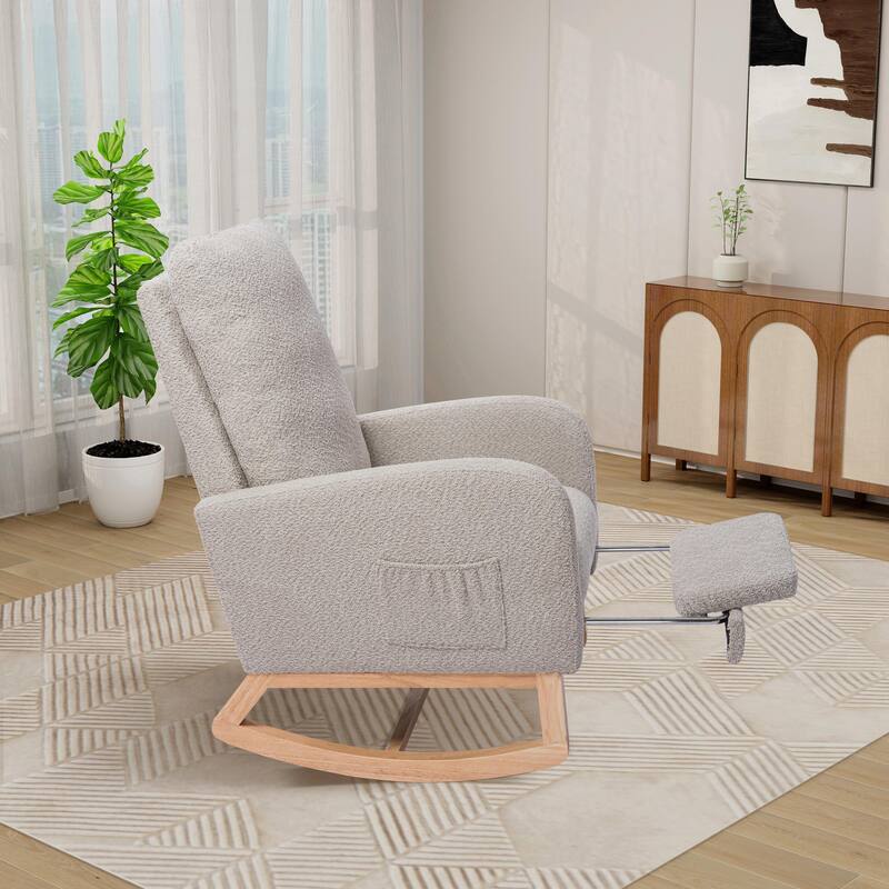 Nursery Rocking Chair, High Back Glider with Retractable Footrest, Side Pocket, Rubberwood Legs for Living Room, Bedroom