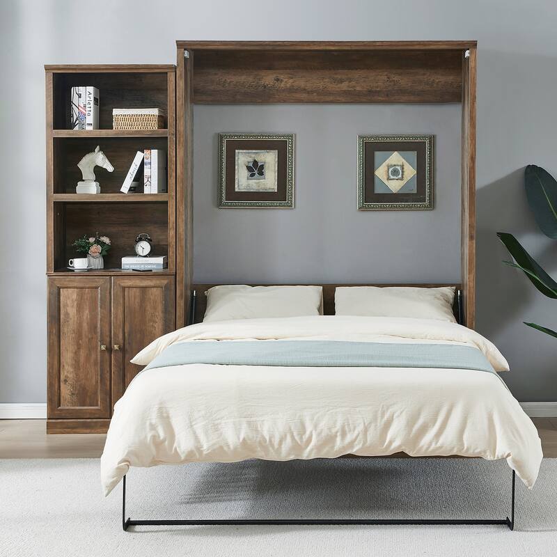 Space-Saving Modern Murphy Bed with Dual Piston Lift - Foldable Platform Bed Convertible Hidden Cabinet Design Cube Cabinet Bed