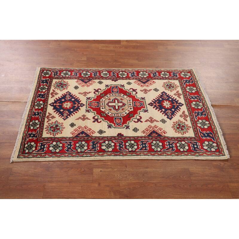 Beige Geometric Kazak Foyer Rug Hand-Knotted Wool Carpet - 2'9" x 4'1"