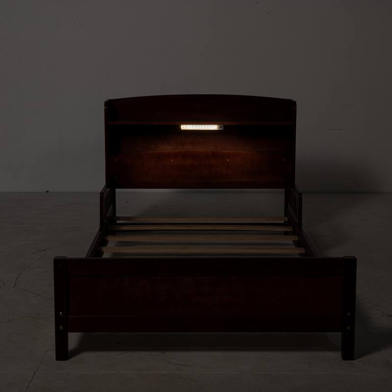 Full Size Platform Bed with LED Motion Sensor Light, Bookcase, And Adjustable Guardrails