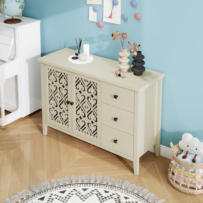 Roomfitters Hollow Carved Sideboard Buffet Cabinet with 2 Doors and 3 Drawers, Natural