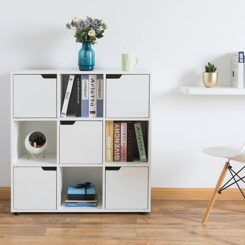 9-cube Oak Organizer with 5 Enclosed Doors and 4 Shelves