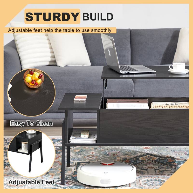 VECELO Modern Lift Top Coffee Table with Hidden Storage 2 Side Shelves Space-Saving Design for Living Room