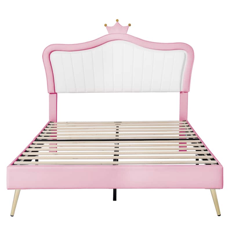 Modern Crown Headboard Upholstered Bed Frame with LED Lights