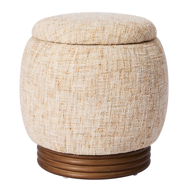 Round Storage Pouf Ottoman Footstool with Flip-top and Acacia Frame