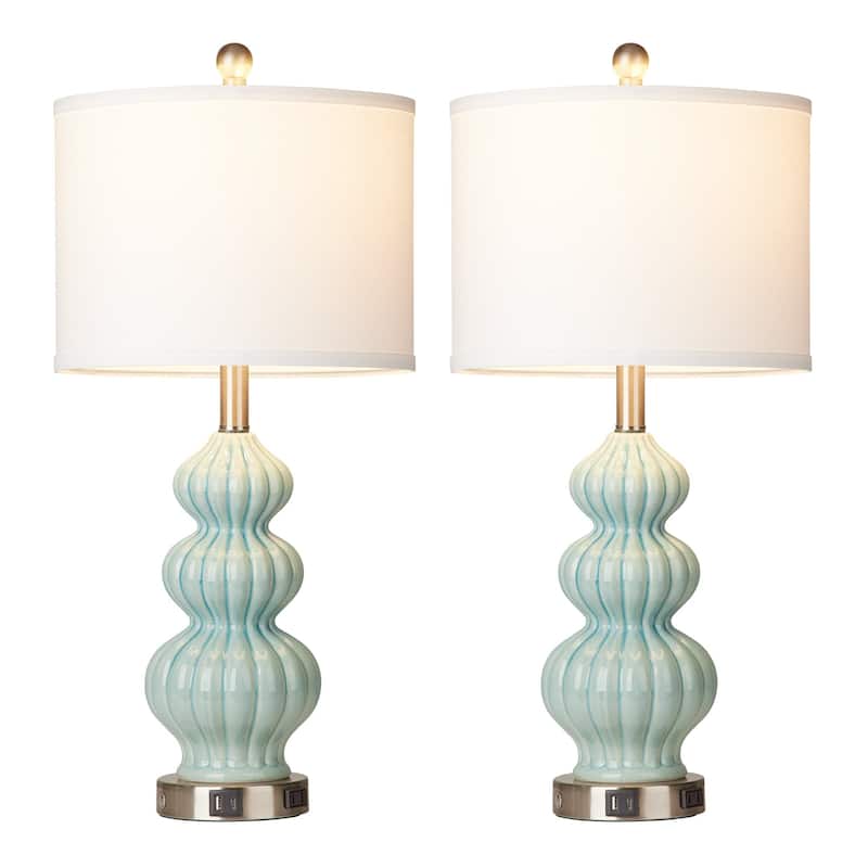 Table Lamps Ceramic Cyan Drum Shade USB Charging Port AC Outlet Touch Switch (Set of 2) - 12'' x 12'' x 25'' (L x W x H)